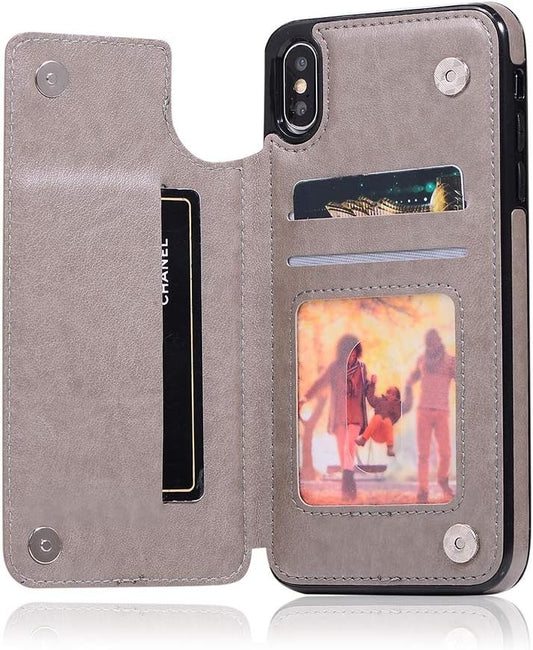Phone Case for iPhone Xs Max 6.5 inch 2018 with Tempered Glass Screen Protector Card Holder Wallet Cover Flip Leather Cell i X XR Xsmax 10x SX Xmax 10xs 10s 10 Plus Xmaxs Cases Women Girls Men Gray