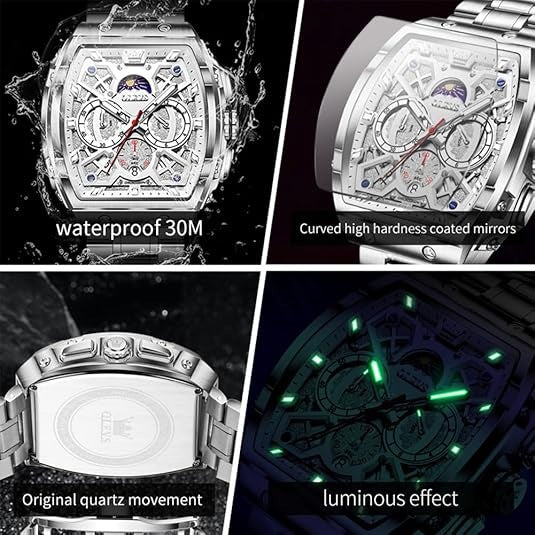 Men's Luxury Diamond Chronograph Watch, Square Analog Quartz Watch with Date, Moon Phase, Waterproof Stainless Steel Band