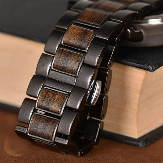 Men's Wooden Chronograph Watch, Luxury Wood & Stainless Steel Quartz Military Casual Wristwatch