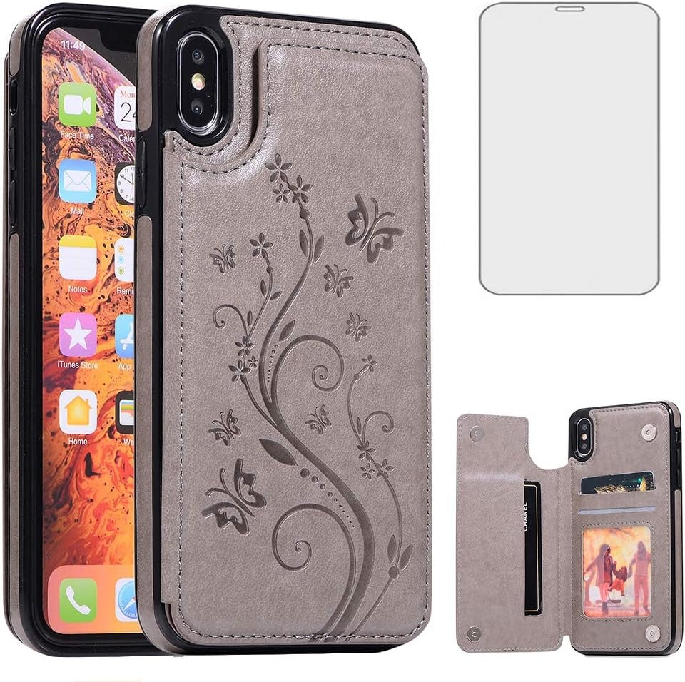 Phone Case for iPhone Xs Max 6.5 inch 2018 with Tempered Glass Screen Protector Card Holder Wallet Cover Flip Leather Cell i X XR Xsmax 10x SX Xmax 10xs 10s 10 Plus Xmaxs Cases Women Girls Men Gray