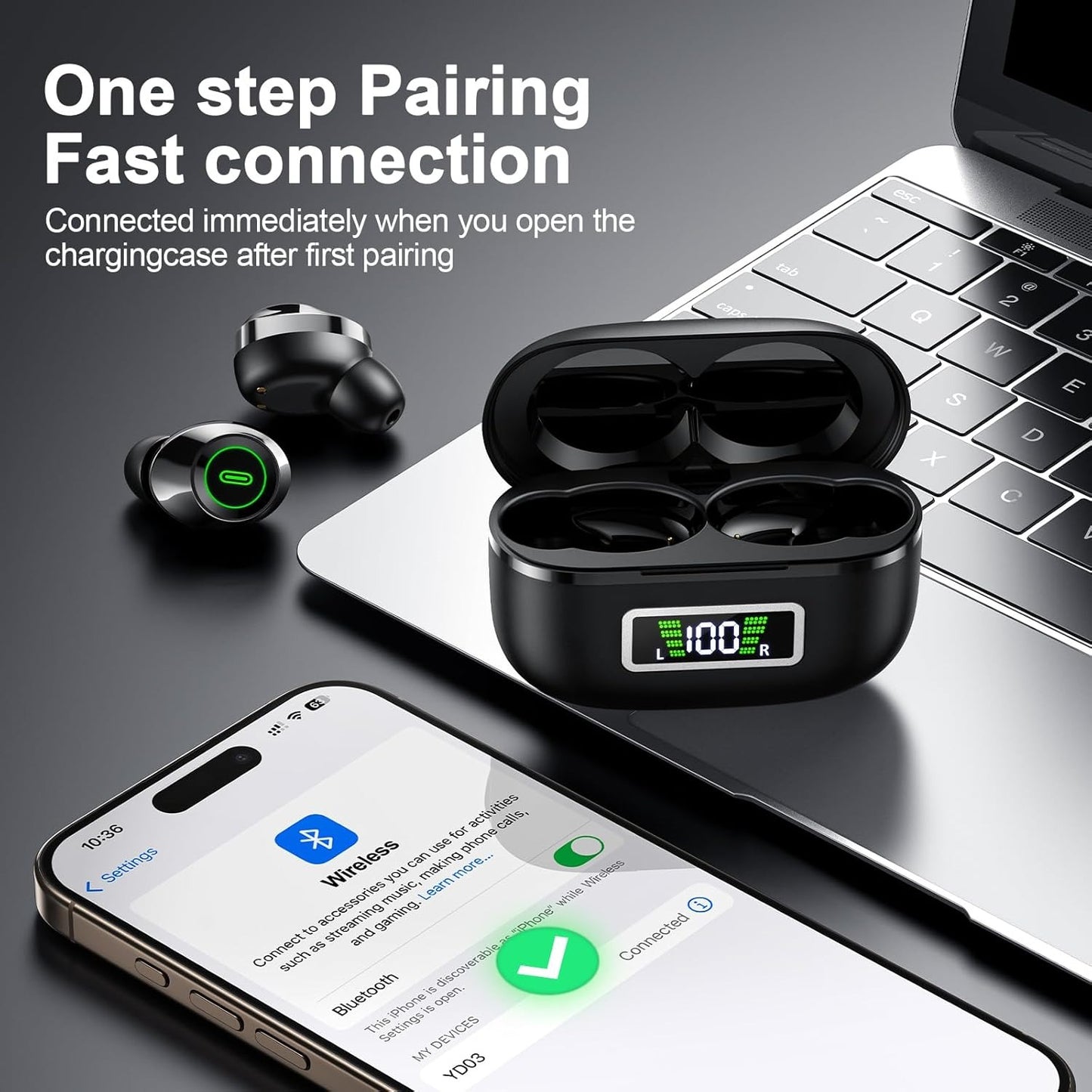 Wireless Earbuds Bluetooth 5.5, HiFi Bass Stereo, ENC Noise Cancelling Mic, 80H Playtime, LED Display, USB-C Fast Charging, IP7 Waterproof Earbuds
