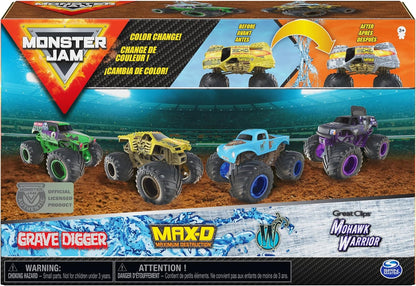 Monster Jam Reveal The Steel 4-Pack Color-Changing Die-Cast Monster Trucks, Official 1:64 Scale Toy Vehicles