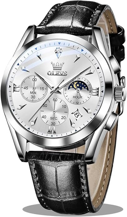 Men's Luxury Chronograph Leather Watch, Waterproof Analog Quartz Dress Watch with Date & Luminous Display
