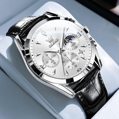 Men's Luxury Chronograph Leather Watch, Waterproof Analog Quartz Dress Watch with Date & Luminous Display