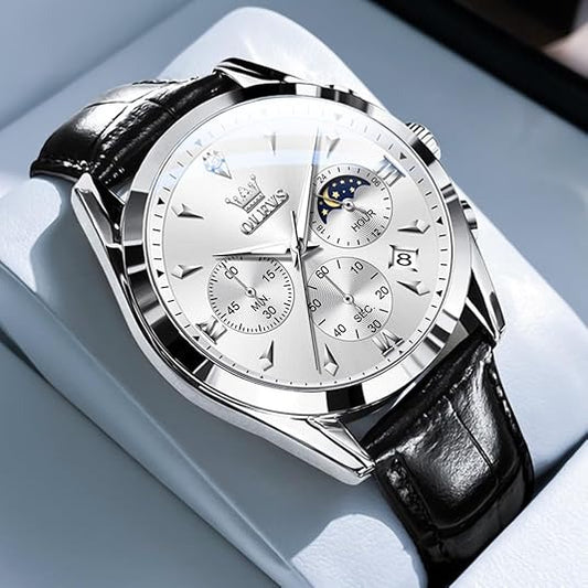 Men's Luxury Chronograph Leather Watch, Waterproof Analog Quartz Dress Watch with Date & Luminous Display