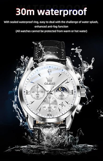 Men's Luxury Chronograph Leather Watch, Waterproof Analog Quartz Dress Watch with Date & Luminous Display