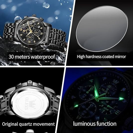 Men's Luxury Diamond Business Quartz Watch, Waterproof Stainless Steel Analog Dress Watch with Luminous Date & Two-Tone Band
