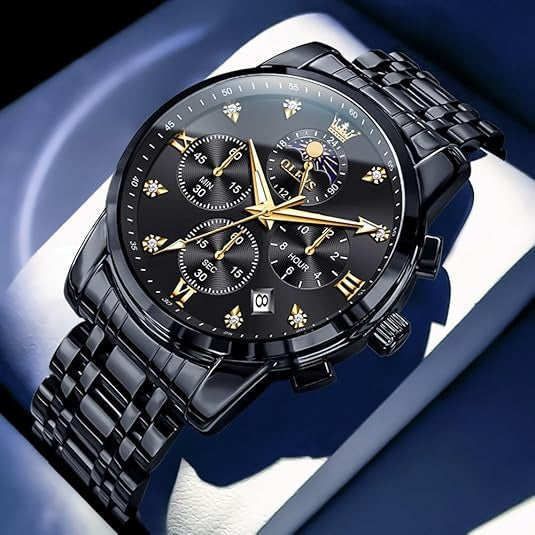 Men's Luxury Diamond Business Quartz Watch, Waterproof Stainless Steel Analog Dress Watch with Luminous Date & Two-Tone Band