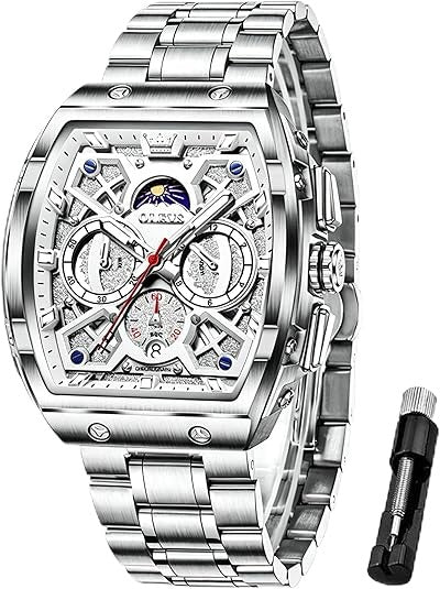 Men's Luxury Diamond Chronograph Watch, Square Analog Quartz Watch with Date, Moon Phase, Waterproof Stainless Steel Band