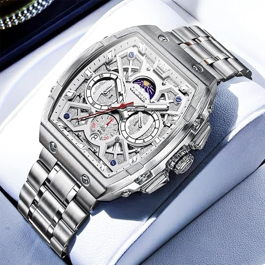 Men's Luxury Diamond Chronograph Watch, Square Analog Quartz Watch with Date, Moon Phase, Waterproof Stainless Steel Band