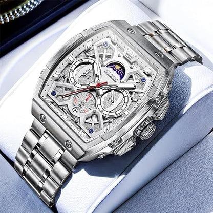 Men's Luxury Diamond Chronograph Watch, Square Analog Quartz Watch with Date, Moon Phase, Waterproof Stainless Steel Band
