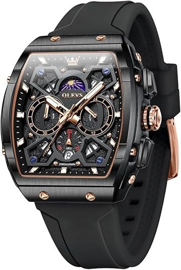 Men's Luxury Chronograph Watch, Large Face Analog Quartz Wristwatch with Date, Moon Phase & Silicone Strap