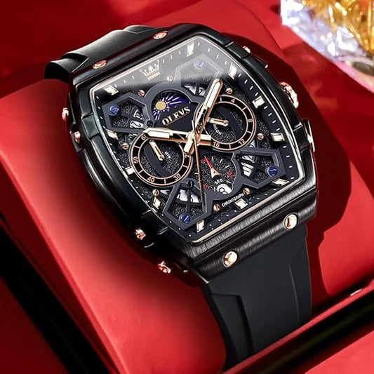 Men's Luxury Chronograph Watch, Large Face Analog Quartz Wristwatch with Date, Moon Phase & Silicone Strap