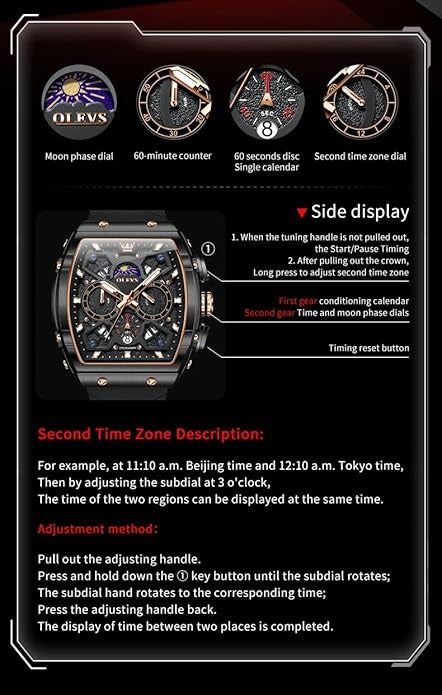 Men's Luxury Chronograph Watch, Large Face Analog Quartz Wristwatch with Date, Moon Phase & Silicone Strap