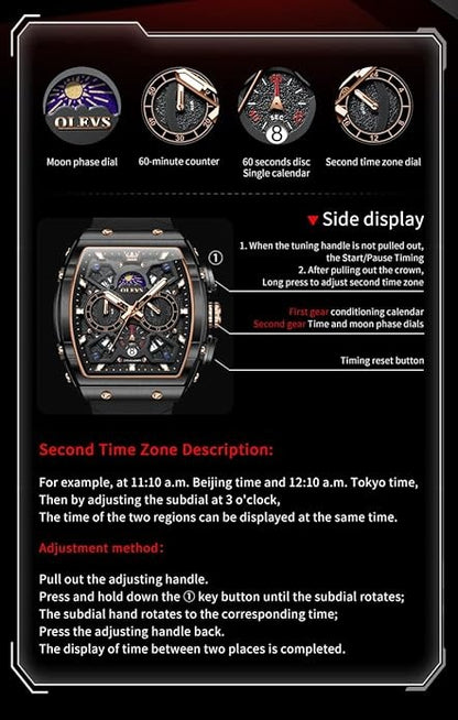 Men's Luxury Chronograph Watch, Large Face Analog Quartz Wristwatch with Date, Moon Phase & Silicone Strap