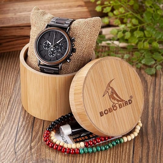Men's Wooden Chronograph Watch, Luxury Wood & Stainless Steel Quartz Military Casual Wristwatch