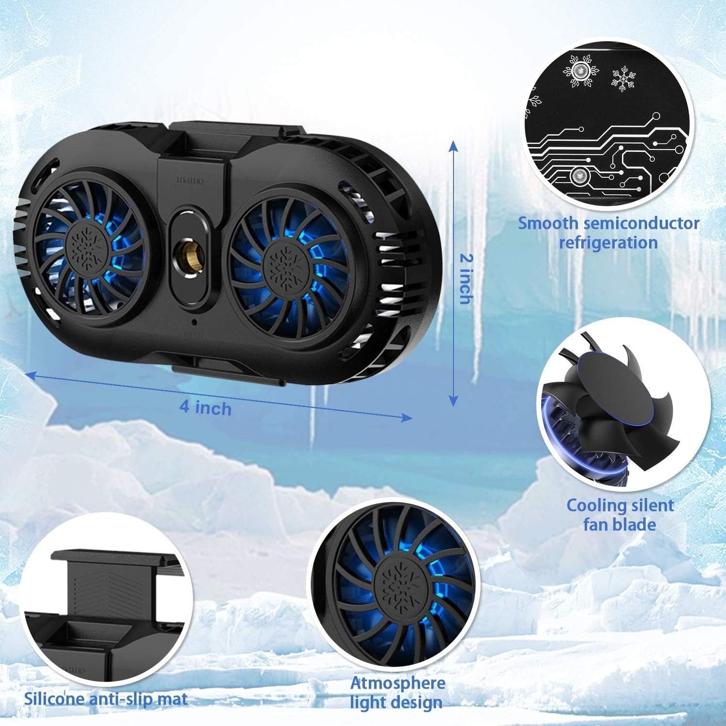 Plug-in Phone Cooler for Gaming, Dual Semiconductor Cooling Chip, Portable Mobile Radiator Cooling Fan for iPhone & Android
